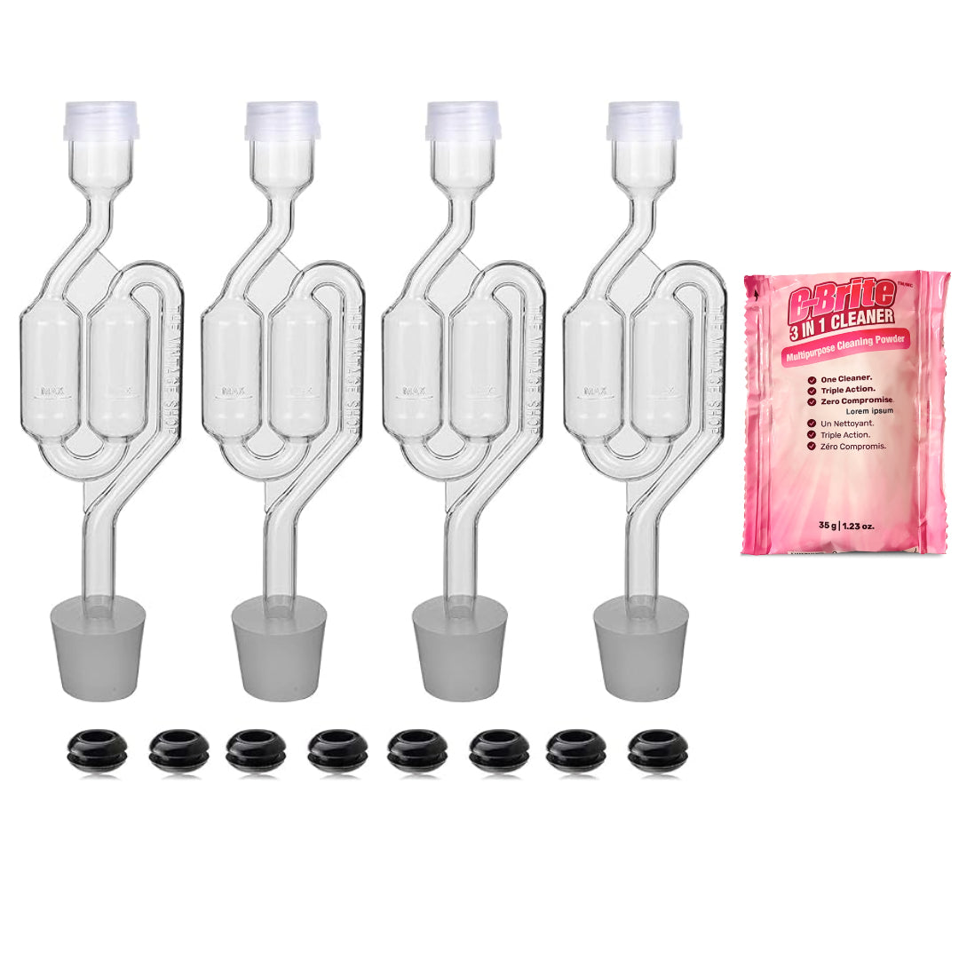 Bubble Airlock Fermentation Kit – 4-Piece Bubbler Airlocks, #6 Drilled Stoppers, 8 Grommets & B-Brite Cleaner – For Wine,