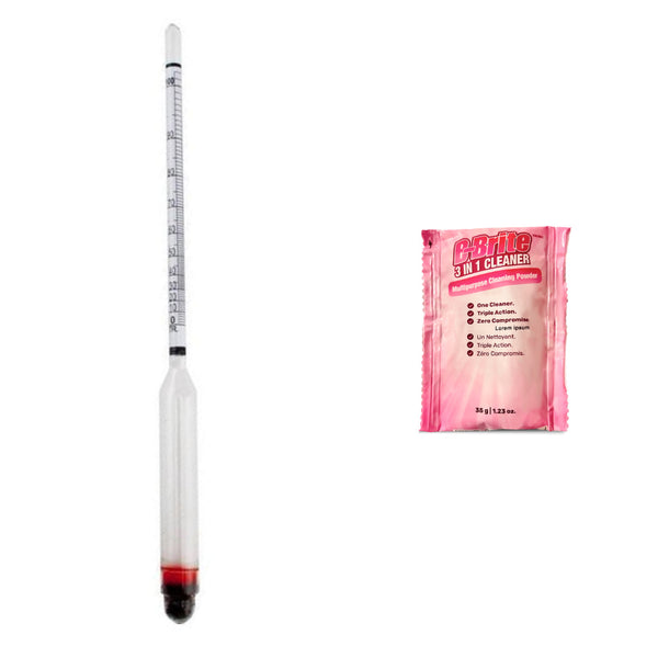 Proof & Traille Alcohol Hydrometer – 0-100% ABV Tester for Distilled Spirits + B-Brite 3-in-1 Cleaning Powder (35g / 1.2 oz)