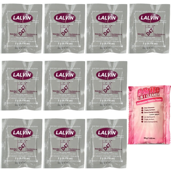 Lalvin ICVD-47 Wine Yeast (10 Pack) with B-Brite™ Cleaning Powder (35g)