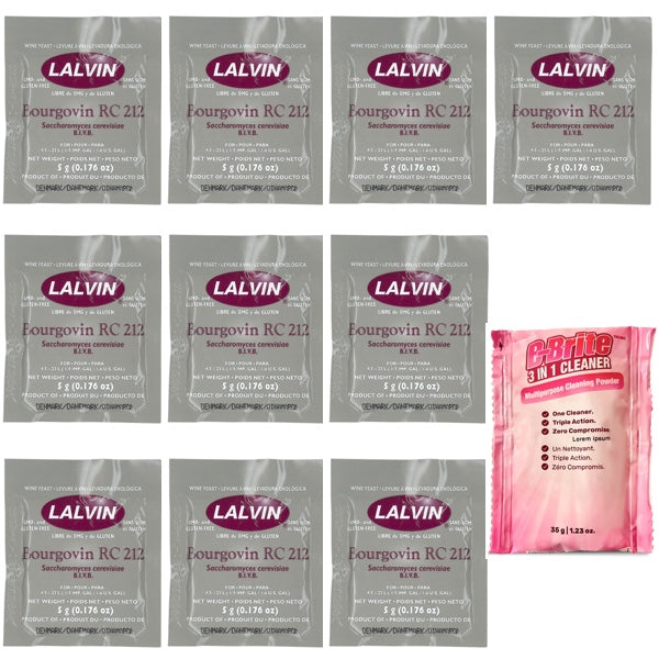 Lalvin RC-212 Wine Yeast (10 Pack) with B-Brite™ Cleaning Powder (35g)
