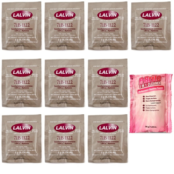 Lalvin 71B/1122 Wine Yeast (10 Pack) with B-Brite™ Cleaning Powder (35g)