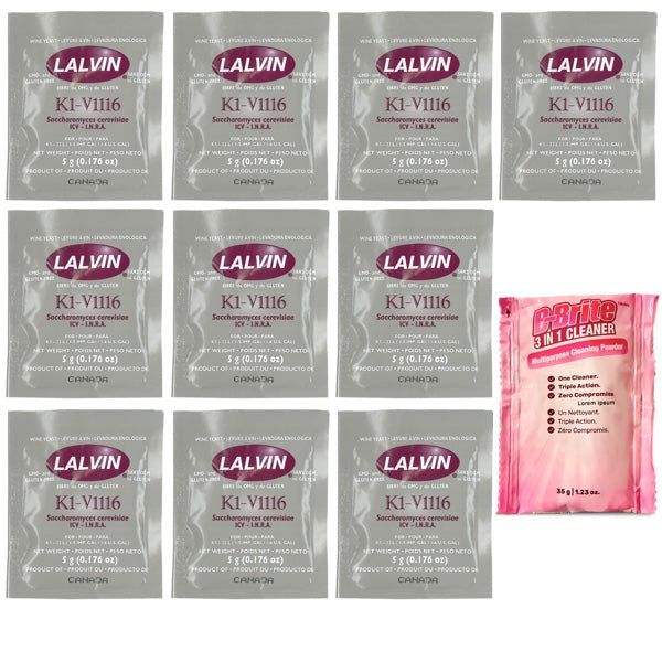 Lalvin EC-1116™ Wine Yeast (10 Pack) with B-Brite™ Cleaning Powder (35g)