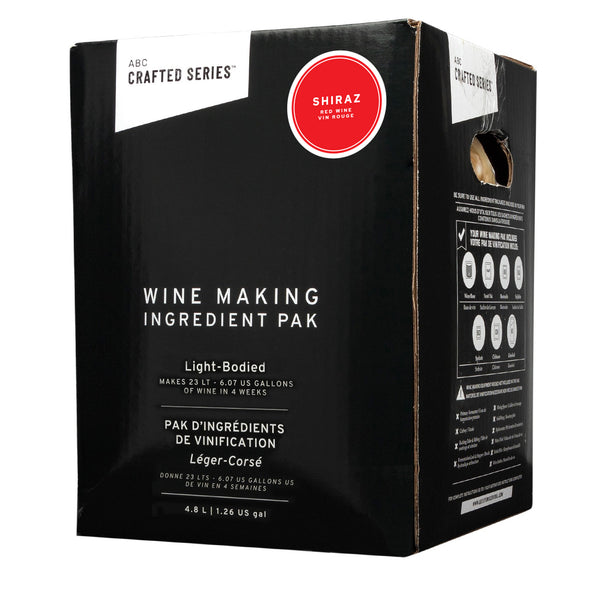 Crafted Series Shiraz 7% light-bodied red wine kit, 5.3 L juice pack that makes 23 L